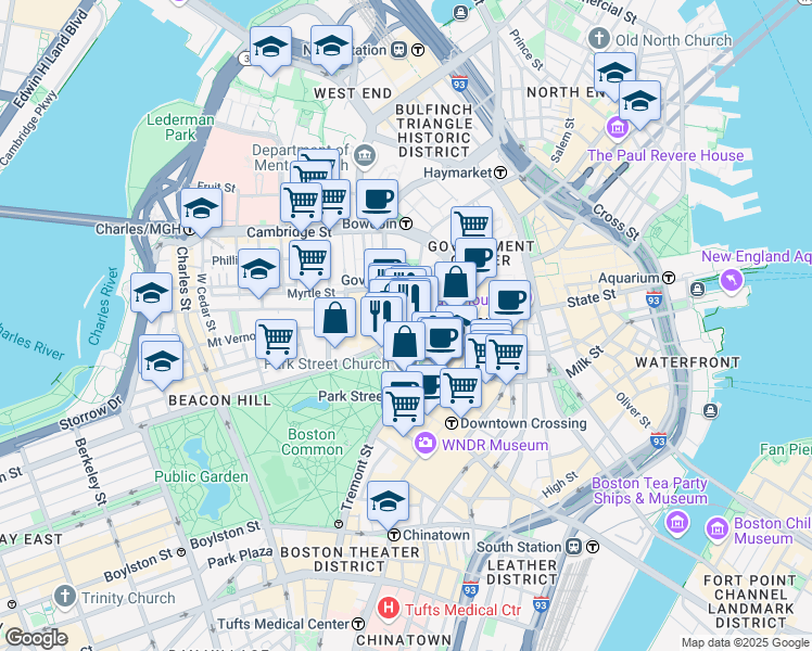 map of restaurants, bars, coffee shops, grocery stores, and more near 142-144 Bowdoin Street in Boston