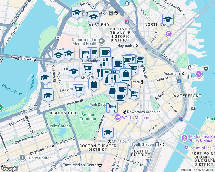 map of restaurants, bars, coffee shops, grocery stores, and more near 142-144 Bowdoin Street in Boston