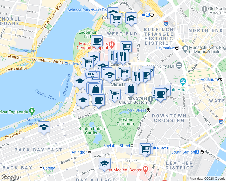 map of restaurants, bars, coffee shops, grocery stores, and more near in Boston