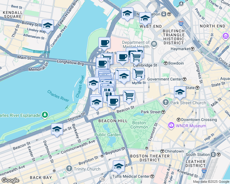 map of restaurants, bars, coffee shops, grocery stores, and more near 9 Louisburg Square in Boston