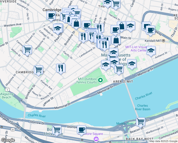 map of restaurants, bars, coffee shops, grocery stores, and more near 169 Vassar Street in Cambridge