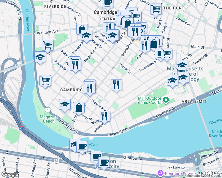 map of restaurants, bars, coffee shops, grocery stores, and more near 170 Sidney Street in Cambridge