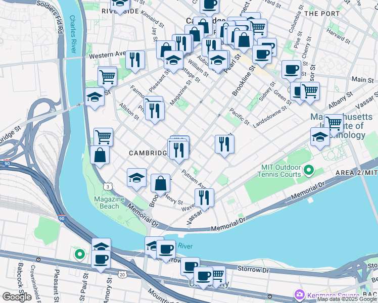 map of restaurants, bars, coffee shops, grocery stores, and more near 129 Allston Street in Cambridge