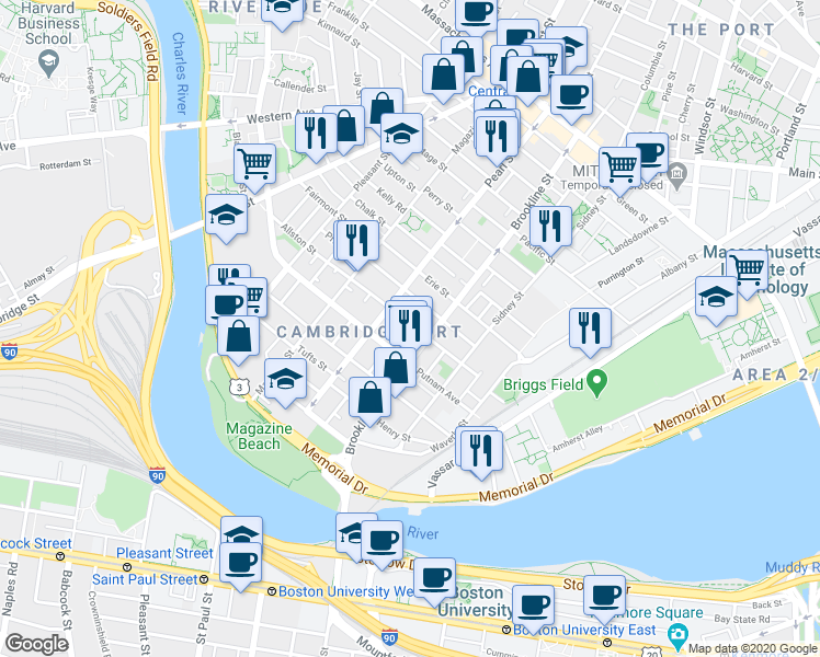 map of restaurants, bars, coffee shops, grocery stores, and more near 129 Allston Street in Cambridge