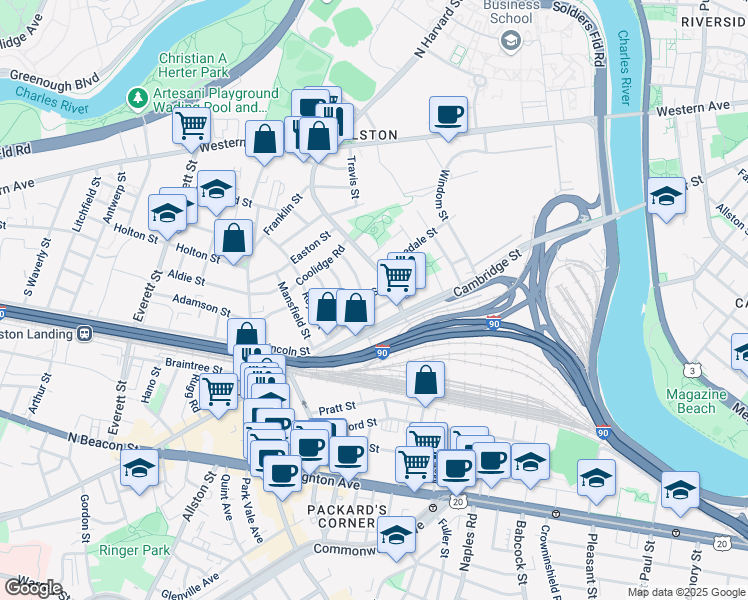 map of restaurants, bars, coffee shops, grocery stores, and more near 76 Empire Street in Boston