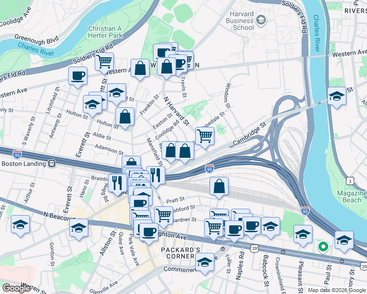 map of restaurants, bars, coffee shops, grocery stores, and more near in Boston