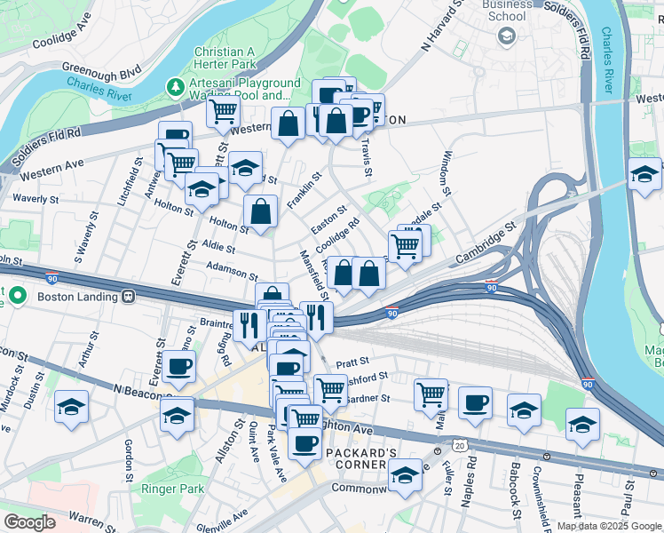 map of restaurants, bars, coffee shops, grocery stores, and more near 10 Holman Street in Boston