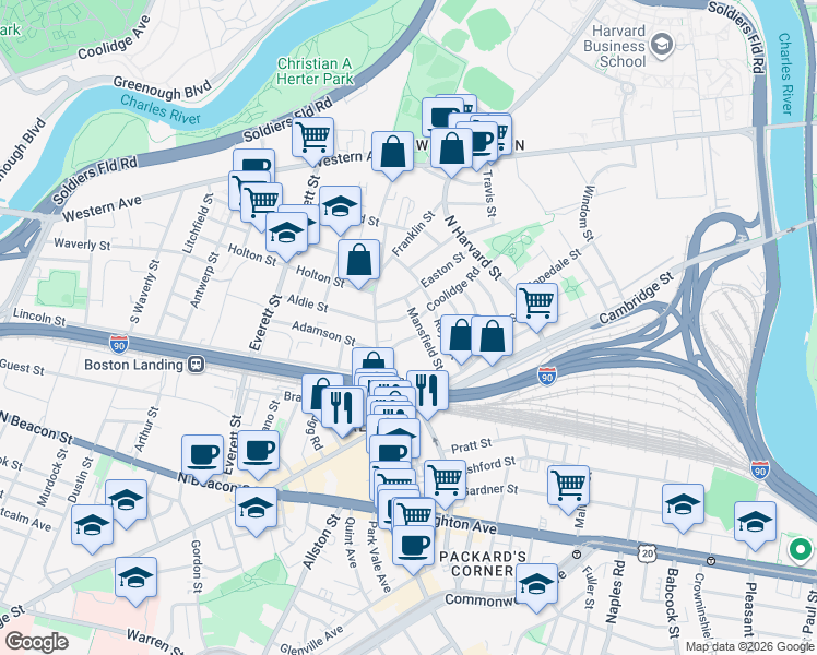 map of restaurants, bars, coffee shops, grocery stores, and more near 50 Brainerd Road in Boston