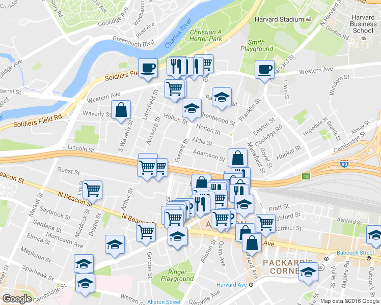 map of restaurants, bars, coffee shops, grocery stores, and more near 16 Adamson Street in Boston