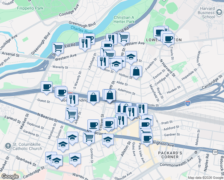 map of restaurants, bars, coffee shops, grocery stores, and more near in Boston