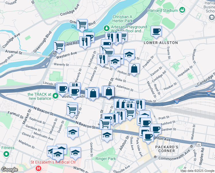 map of restaurants, bars, coffee shops, grocery stores, and more near 163 Everett Street in Boston