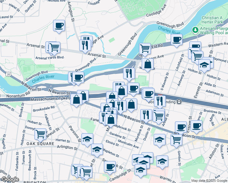 map of restaurants, bars, coffee shops, grocery stores, and more near Leo M Birmingham Parkway in Boston