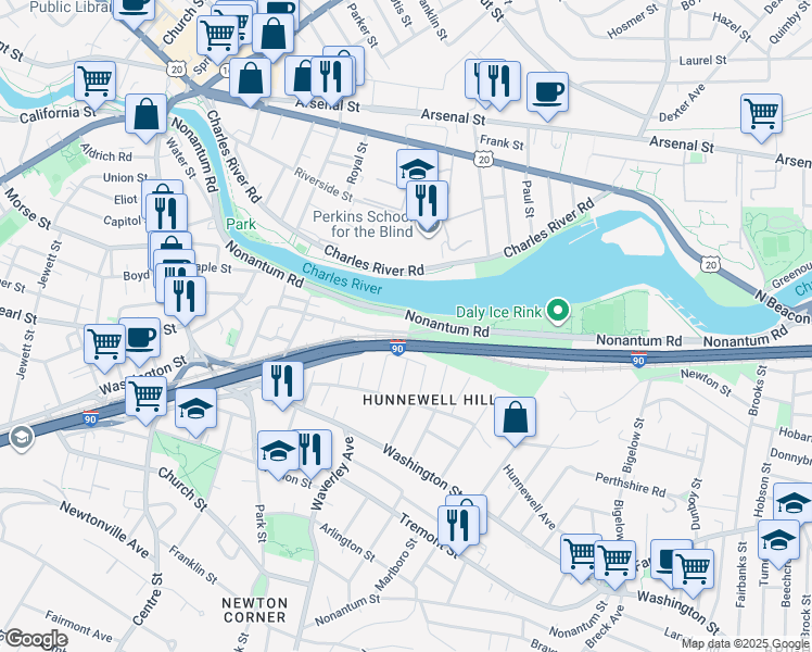 map of restaurants, bars, coffee shops, grocery stores, and more near 9 Charlesbank Road in Newton