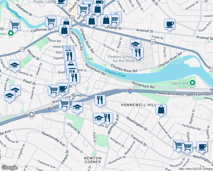 map of restaurants, bars, coffee shops, grocery stores, and more near 76 Charlesbank Road in Newton