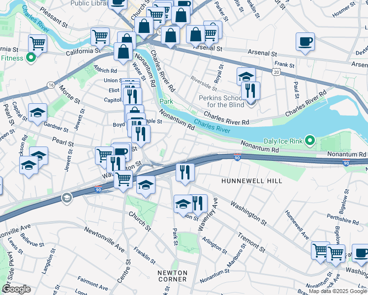 map of restaurants, bars, coffee shops, grocery stores, and more near 106 Charlesbank Road in Newton