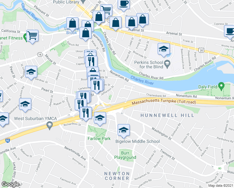 map of restaurants, bars, coffee shops, grocery stores, and more near 8 Nonantum Place in Newton