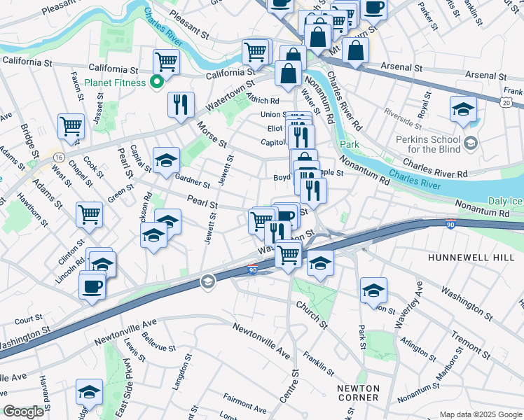 map of restaurants, bars, coffee shops, grocery stores, and more near 35 Emerson Street in Newton