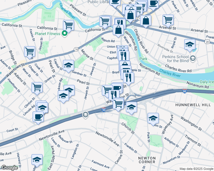 map of restaurants, bars, coffee shops, grocery stores, and more near 35 Emerson Street in Newton