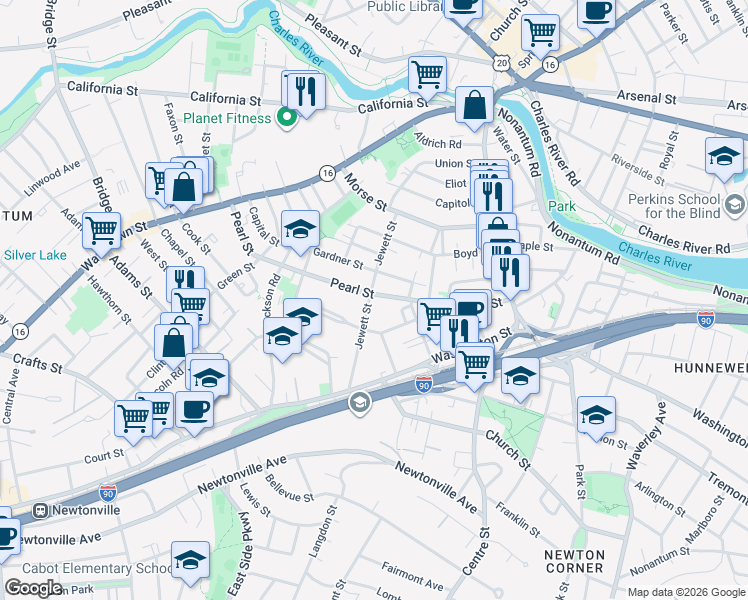 map of restaurants, bars, coffee shops, grocery stores, and more near 134 Pearl Street in Newton