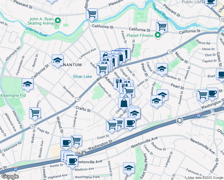 map of restaurants, bars, coffee shops, grocery stores, and more near 7 Quirk Court in Newton