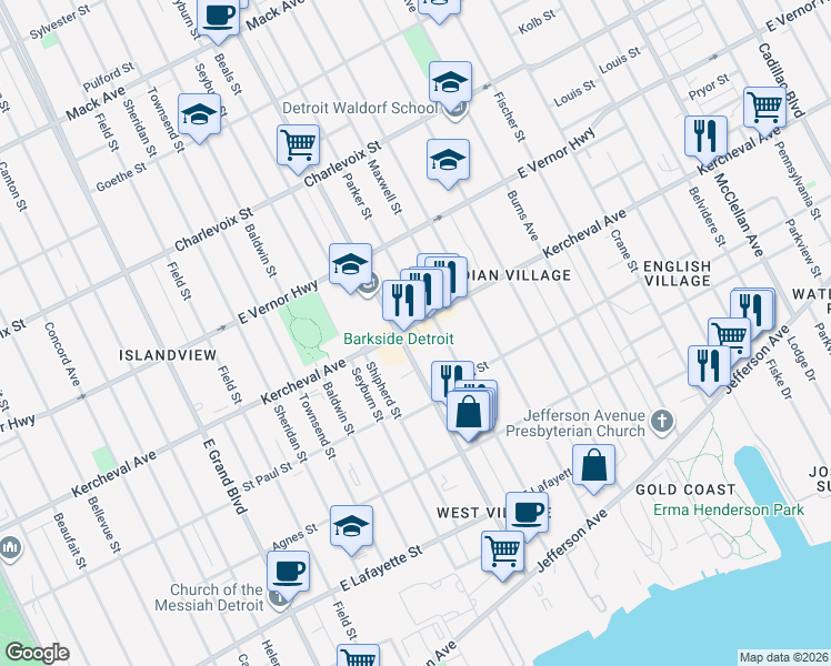map of restaurants, bars, coffee shops, grocery stores, and more near 8016 Kercheval Avenue in Detroit