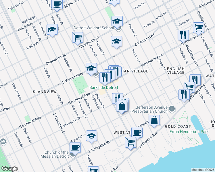 map of restaurants, bars, coffee shops, grocery stores, and more near 8016 Kercheval Avenue in Detroit