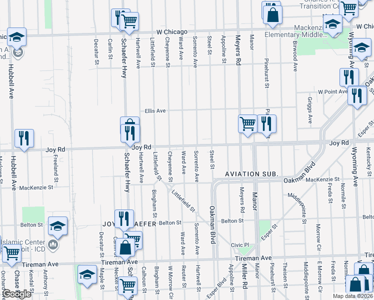 map of restaurants, bars, coffee shops, grocery stores, and more near 13027 Joy Road in Detroit