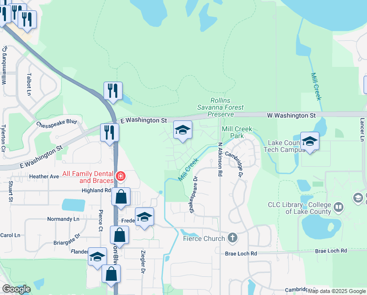 map of restaurants, bars, coffee shops, grocery stores, and more near 1061 Chadwick Drive in Grayslake
