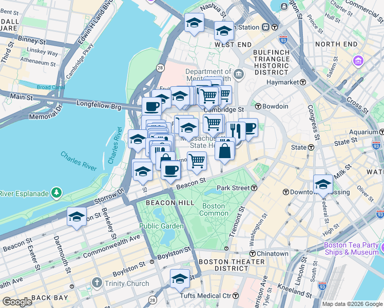 map of restaurants, bars, coffee shops, grocery stores, and more near 85 Mount Vernon Street in Boston