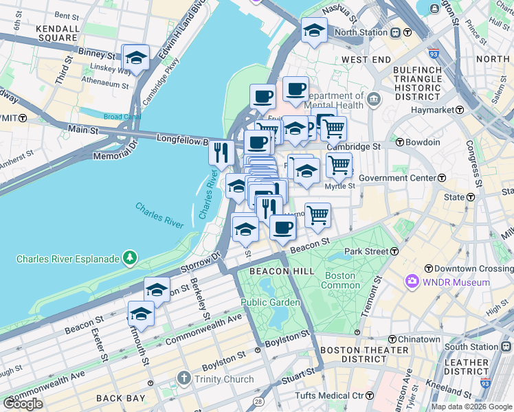 map of restaurants, bars, coffee shops, grocery stores, and more near 94 Pinckney Street in Boston