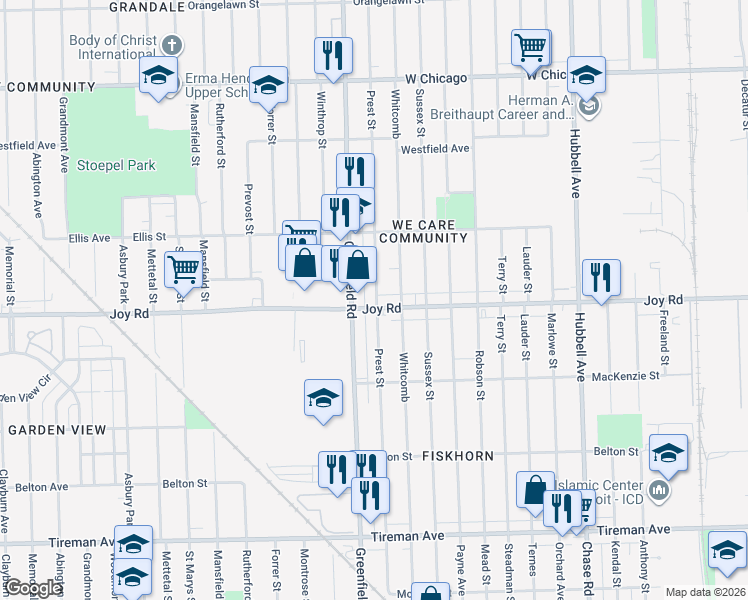 map of restaurants, bars, coffee shops, grocery stores, and more near 15406 Joy Road in Detroit
