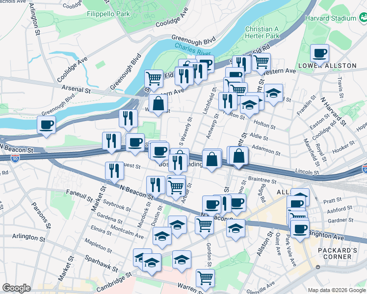 map of restaurants, bars, coffee shops, grocery stores, and more near 6 Litchfield Street in Boston