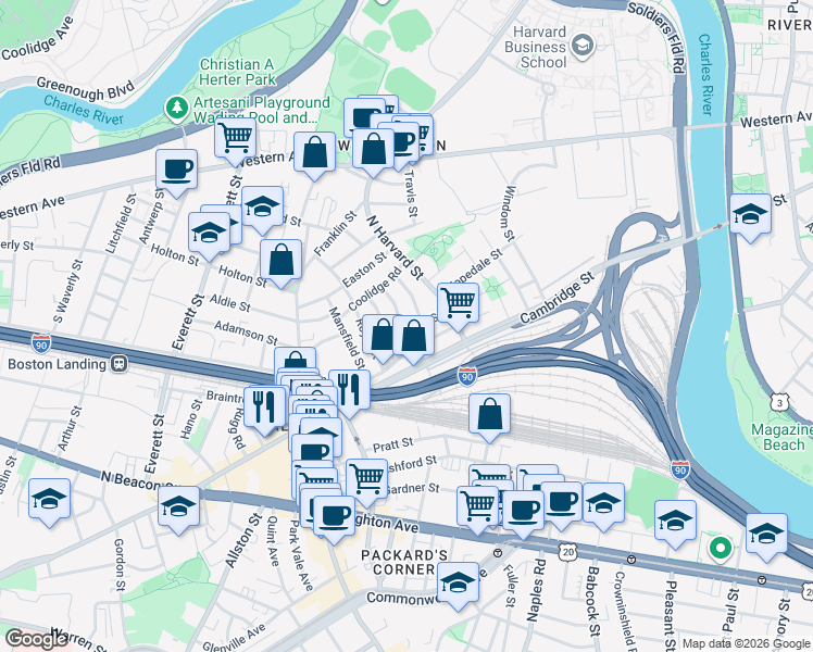 map of restaurants, bars, coffee shops, grocery stores, and more near 40 Hooker Street in Boston