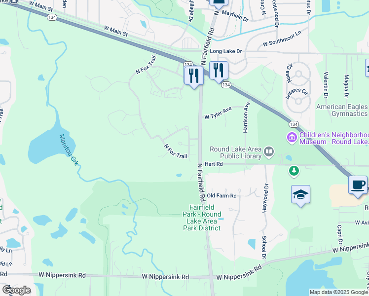 map of restaurants, bars, coffee shops, grocery stores, and more near 1265 Oriole Court in Round Lake