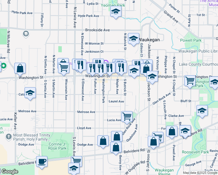 map of restaurants, bars, coffee shops, grocery stores, and more near 38 Worack Place in Waukegan