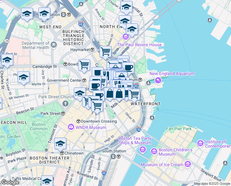 map of restaurants, bars, coffee shops, grocery stores, and more near 75 State Street in Boston