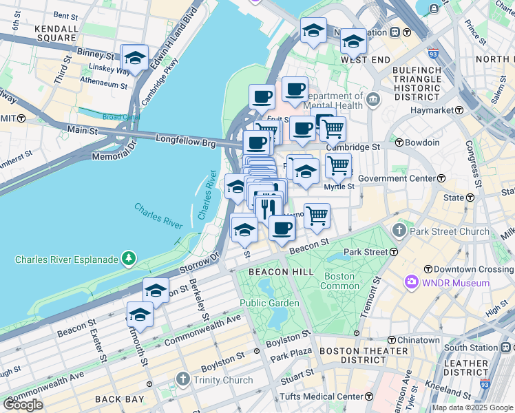 map of restaurants, bars, coffee shops, grocery stores, and more near 94 Pinckney Street in Boston
