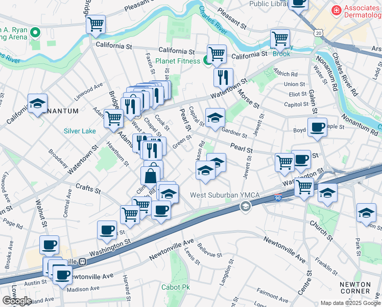 map of restaurants, bars, coffee shops, grocery stores, and more near 105 Kennedy Circle in Newton