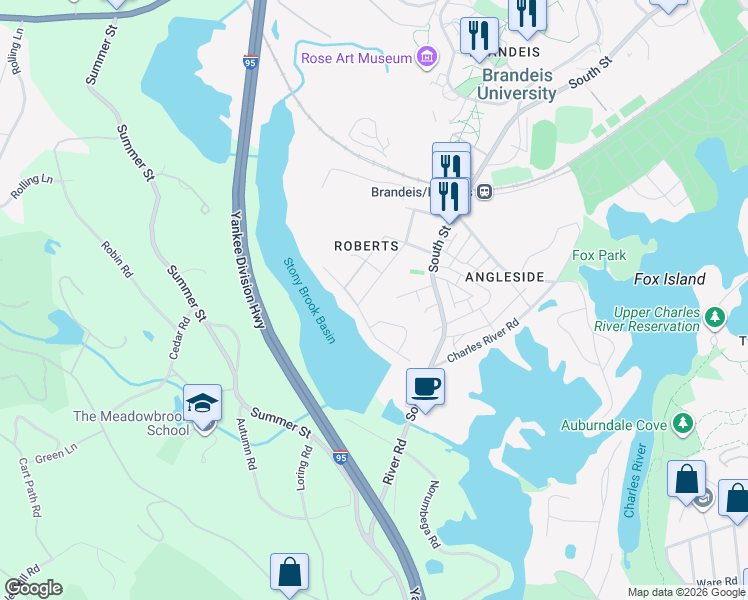 map of restaurants, bars, coffee shops, grocery stores, and more near 90 Morton Street in Waltham