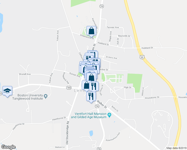 map of restaurants, bars, coffee shops, grocery stores, and more near 65 Church Street in Lenox