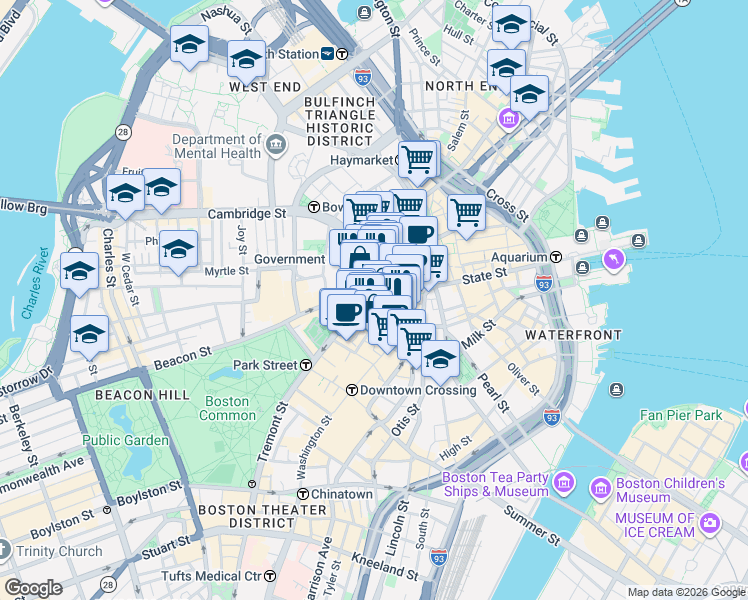 map of restaurants, bars, coffee shops, grocery stores, and more near 29 Court Square in Boston