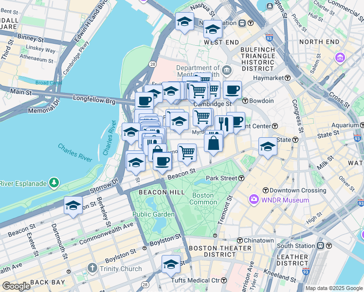 map of restaurants, bars, coffee shops, grocery stores, and more near 85 Mount Vernon Street in Boston