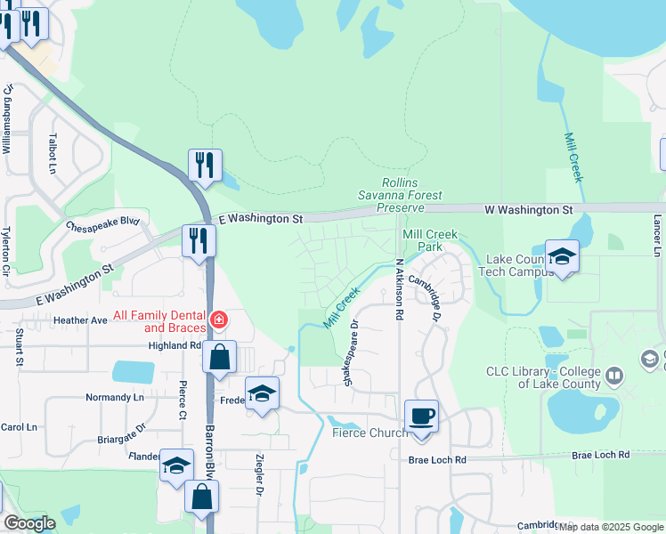 map of restaurants, bars, coffee shops, grocery stores, and more near 1061 Chadwick Drive in Grayslake