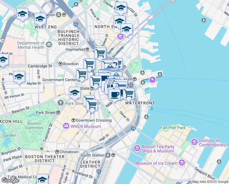 map of restaurants, bars, coffee shops, grocery stores, and more near 75 State Street in Boston