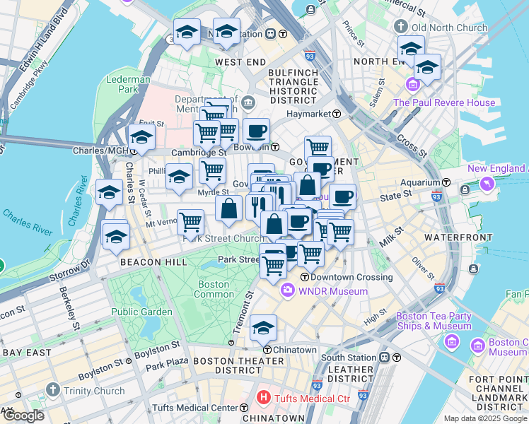 map of restaurants, bars, coffee shops, grocery stores, and more near 142-144 Bowdoin Street in Boston