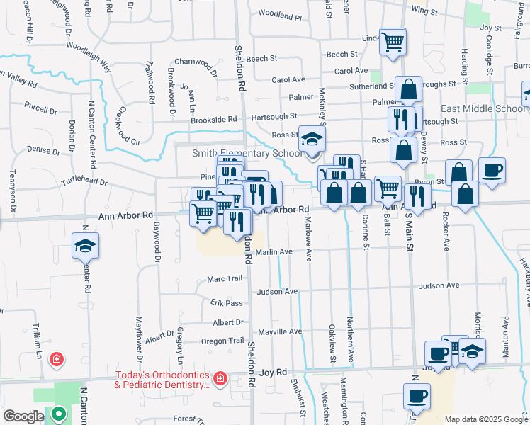 map of restaurants, bars, coffee shops, grocery stores, and more near 1507 Brookline Avenue in Plymouth