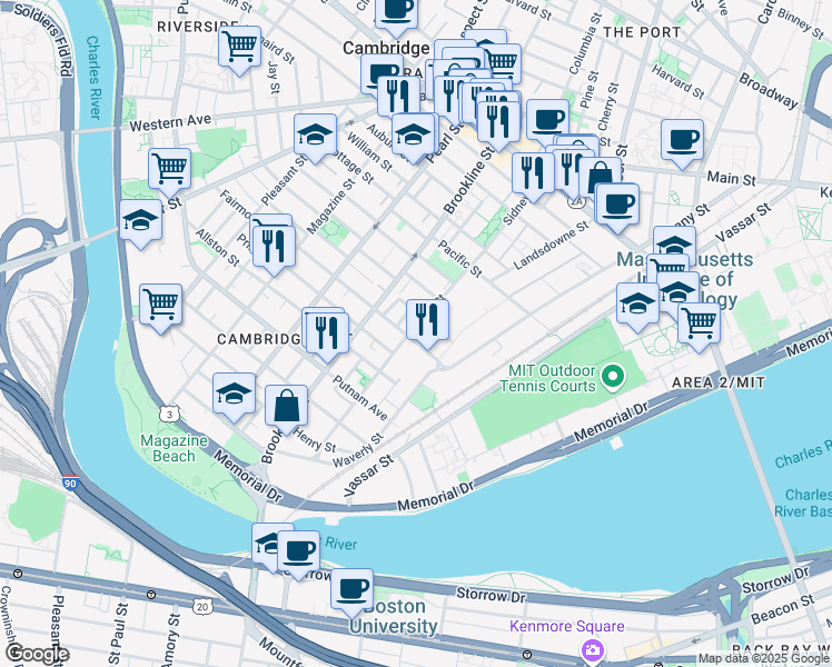 map of restaurants, bars, coffee shops, grocery stores, and more near 170 Sidney Street in Cambridge