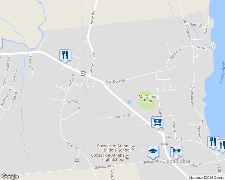map of restaurants, bars, coffee shops, grocery stores, and more near 169 Mansion Street in Coxsackie