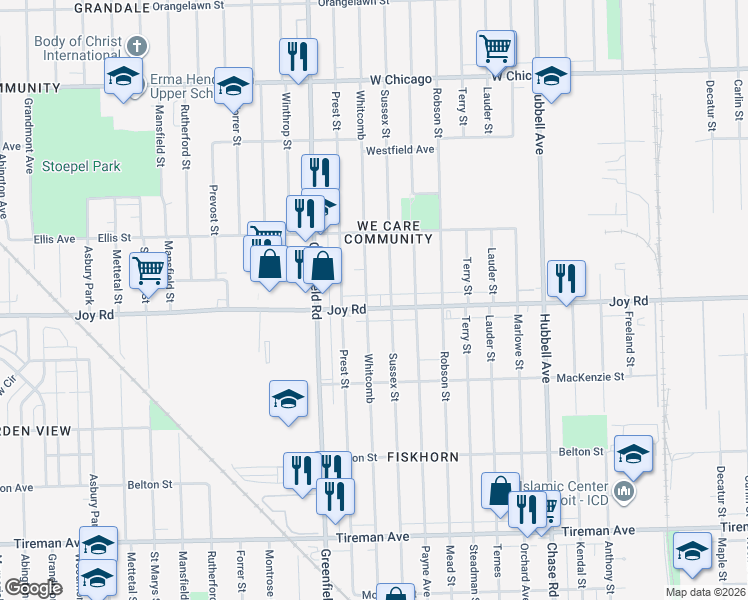 map of restaurants, bars, coffee shops, grocery stores, and more near 15236 Joy Rd in Detroit