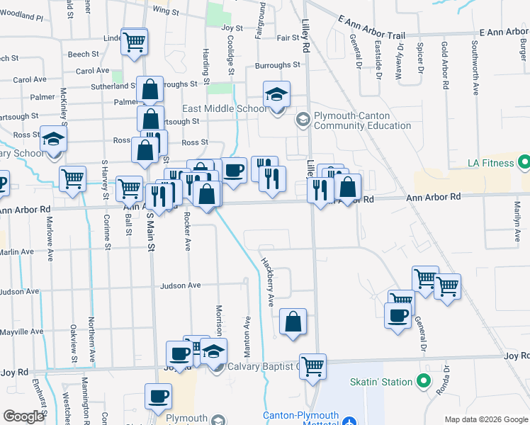 map of restaurants, bars, coffee shops, grocery stores, and more near 217 Ann Arbor Road in Plymouth